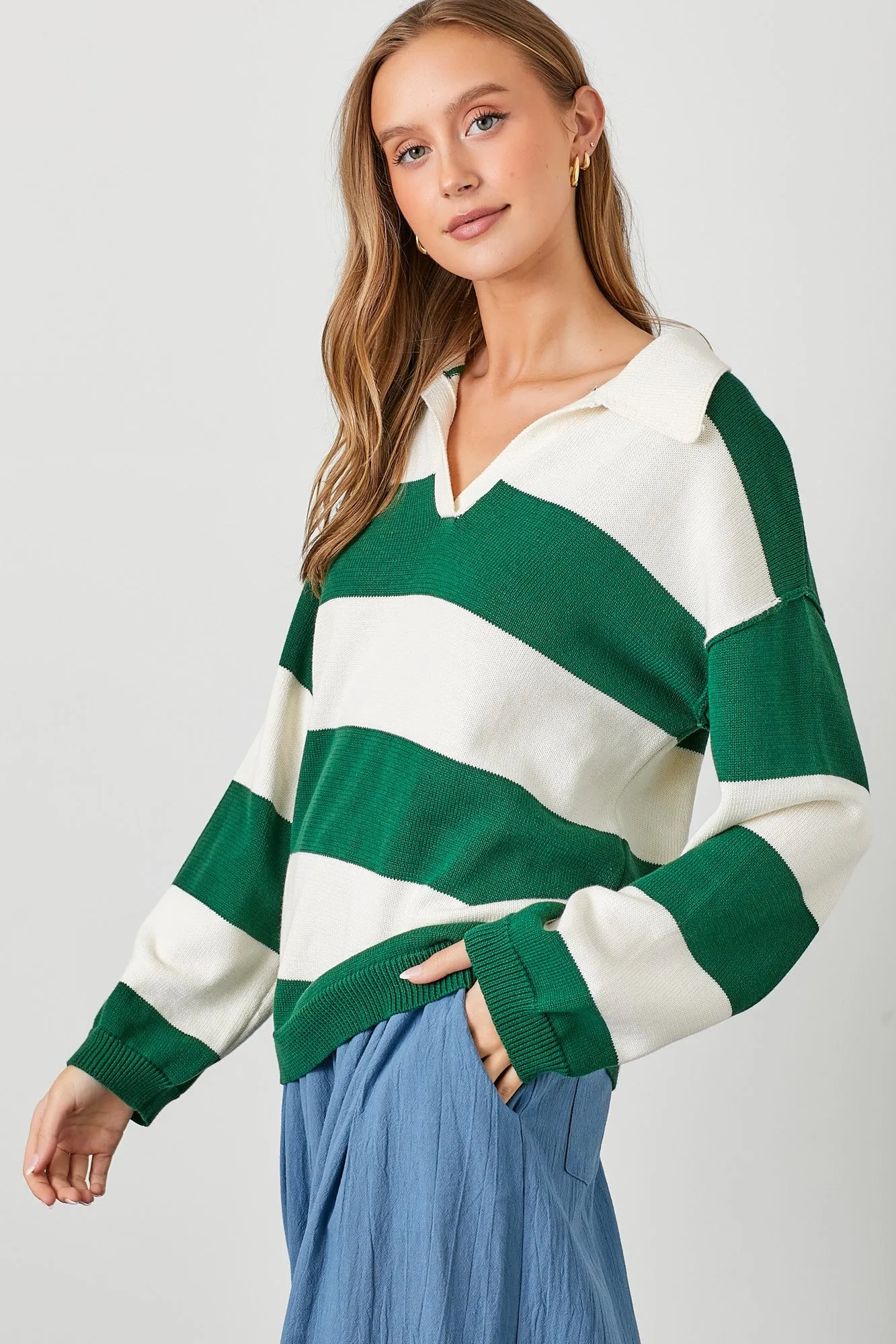 Hunter Green Wide Stripe Polo Sweater sold by Pinkblush product image thumbnail 2