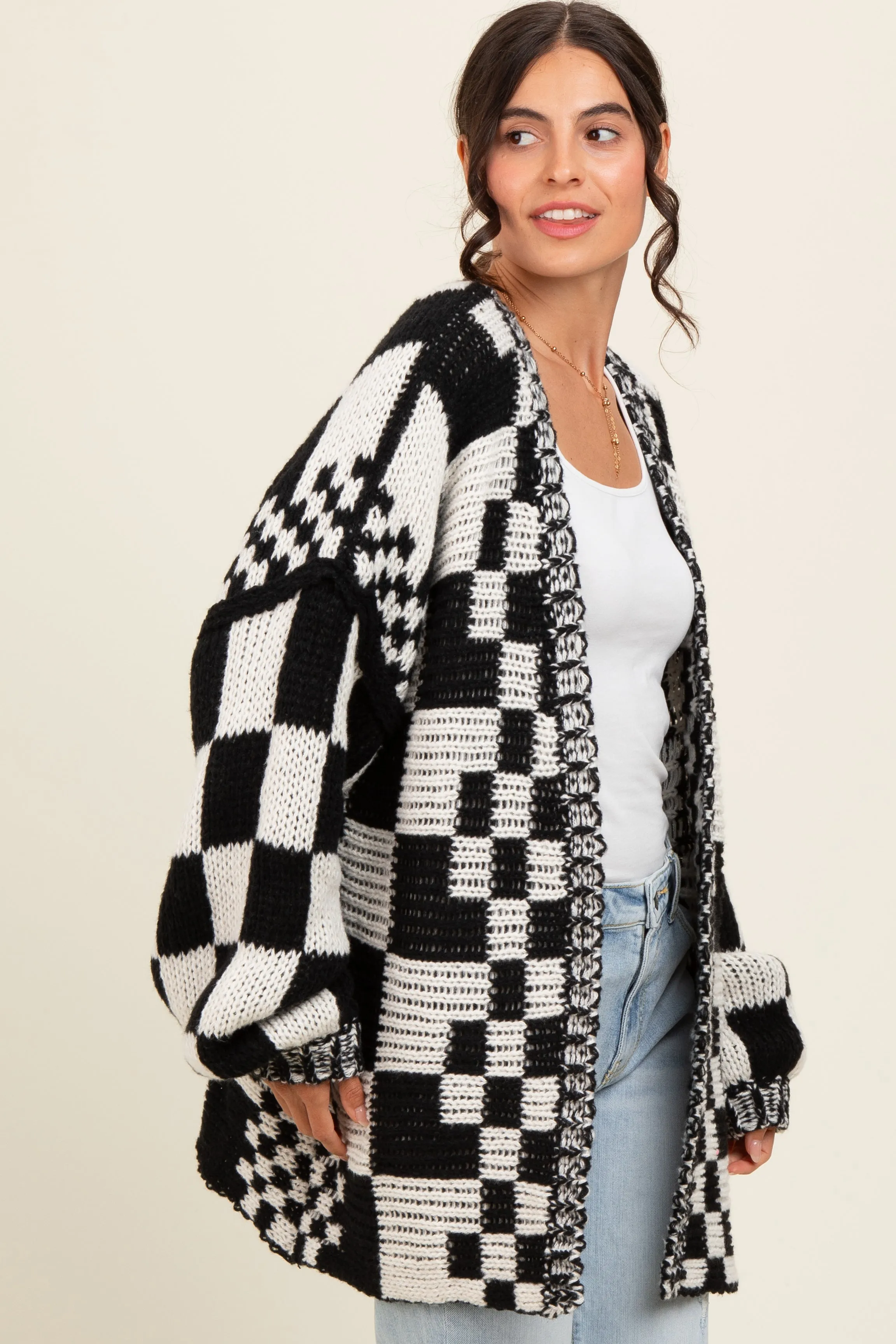 Black Mixed Check Pattern Chunky Cardigan sold by Pinkblush product image thumbnail 3