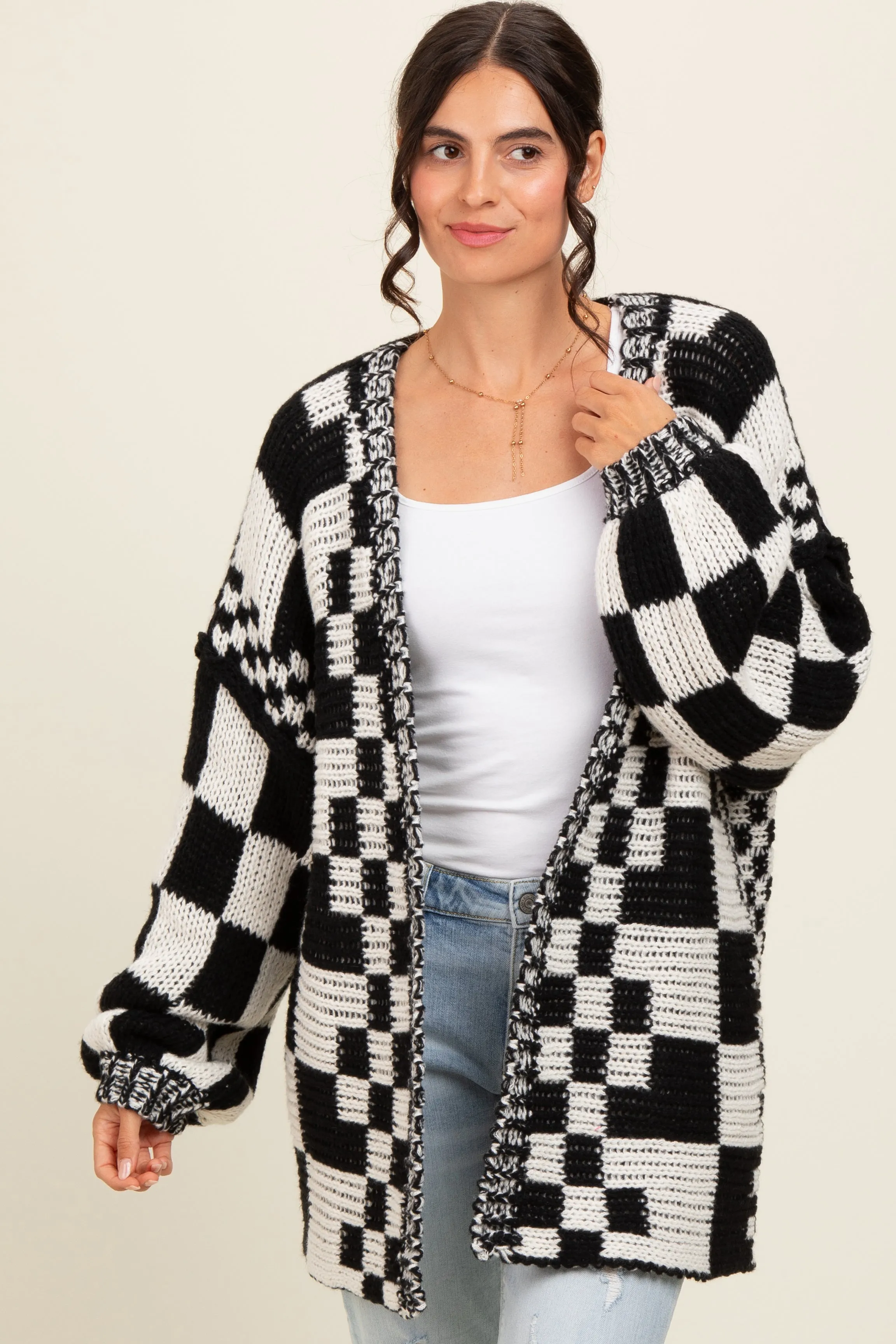 Black Mixed Check Pattern Chunky Cardigan sold by Pinkblush product image thumbnail 2