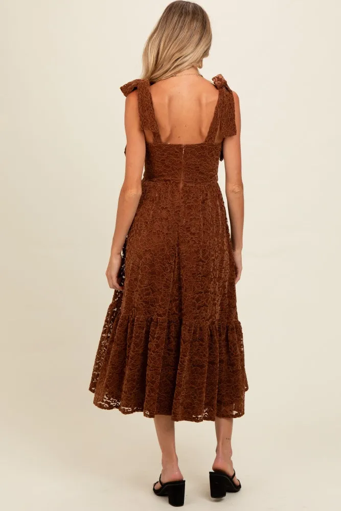 Brown Lace Shoulder Tie Ruffle Hem Maternity Midi Dress sold by Pinkblush product image thumbnail 4