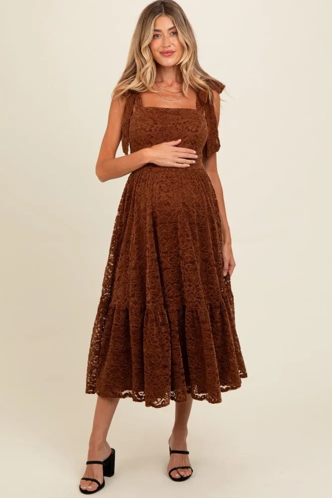 Brown Lace Shoulder Tie Ruffle Hem Maternity Midi Dress sold by Pinkblush product image thumbnail 2