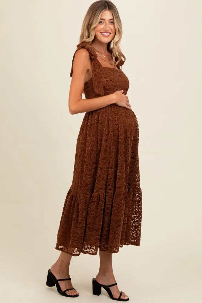 Brown Lace Shoulder Tie Ruffle Hem Maternity Midi Dress sold by Pinkblush product image thumbnail 3