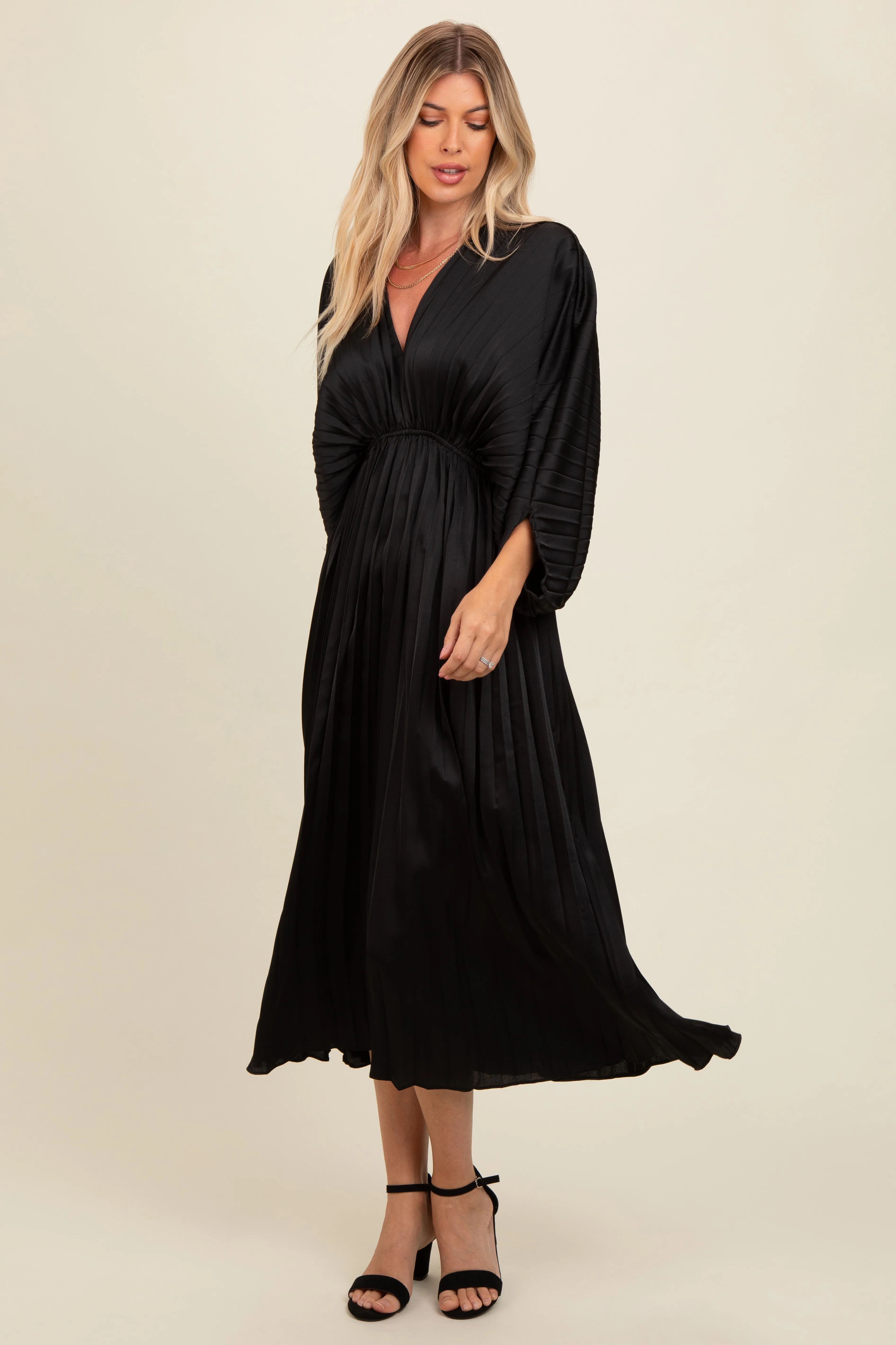 Black Satin Pleated V-Neck Maternity Maxi Dress sold by Pinkblush product image thumbnail 4