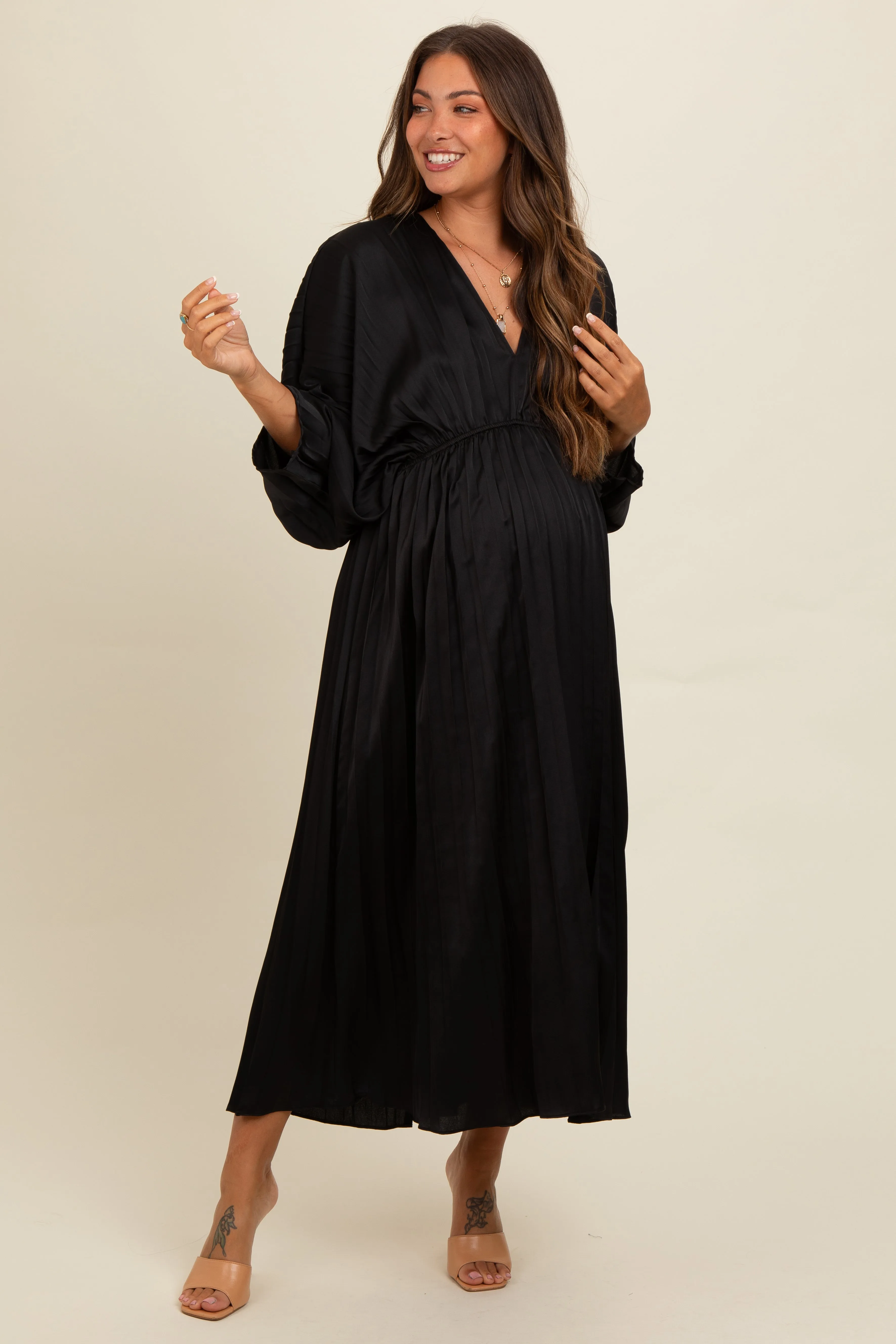 Black Satin Pleated V-Neck Maternity Maxi Dress sold by Pinkblush