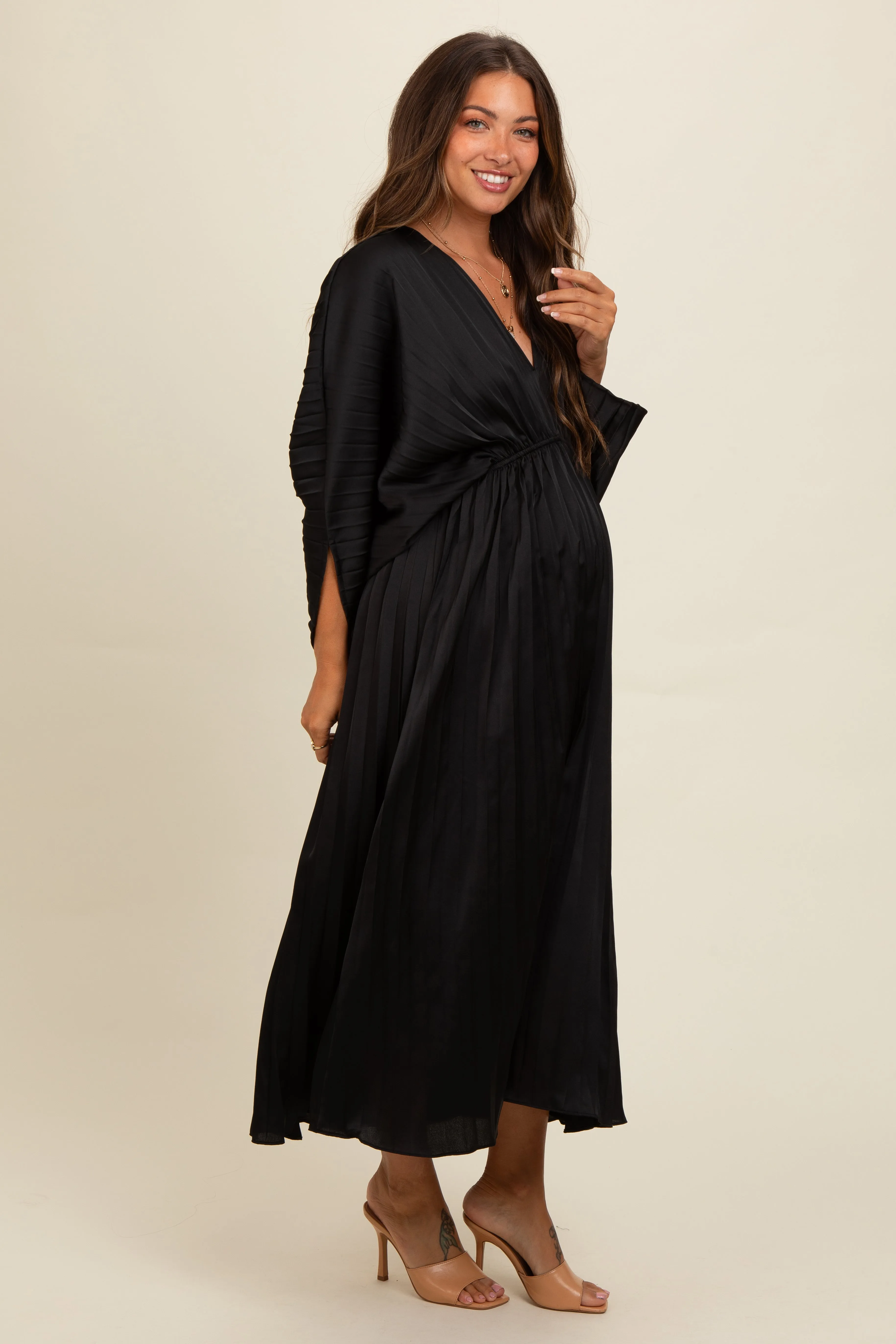 Black Satin Pleated V-Neck Maternity Maxi Dress sold by Pinkblush product image thumbnail 2