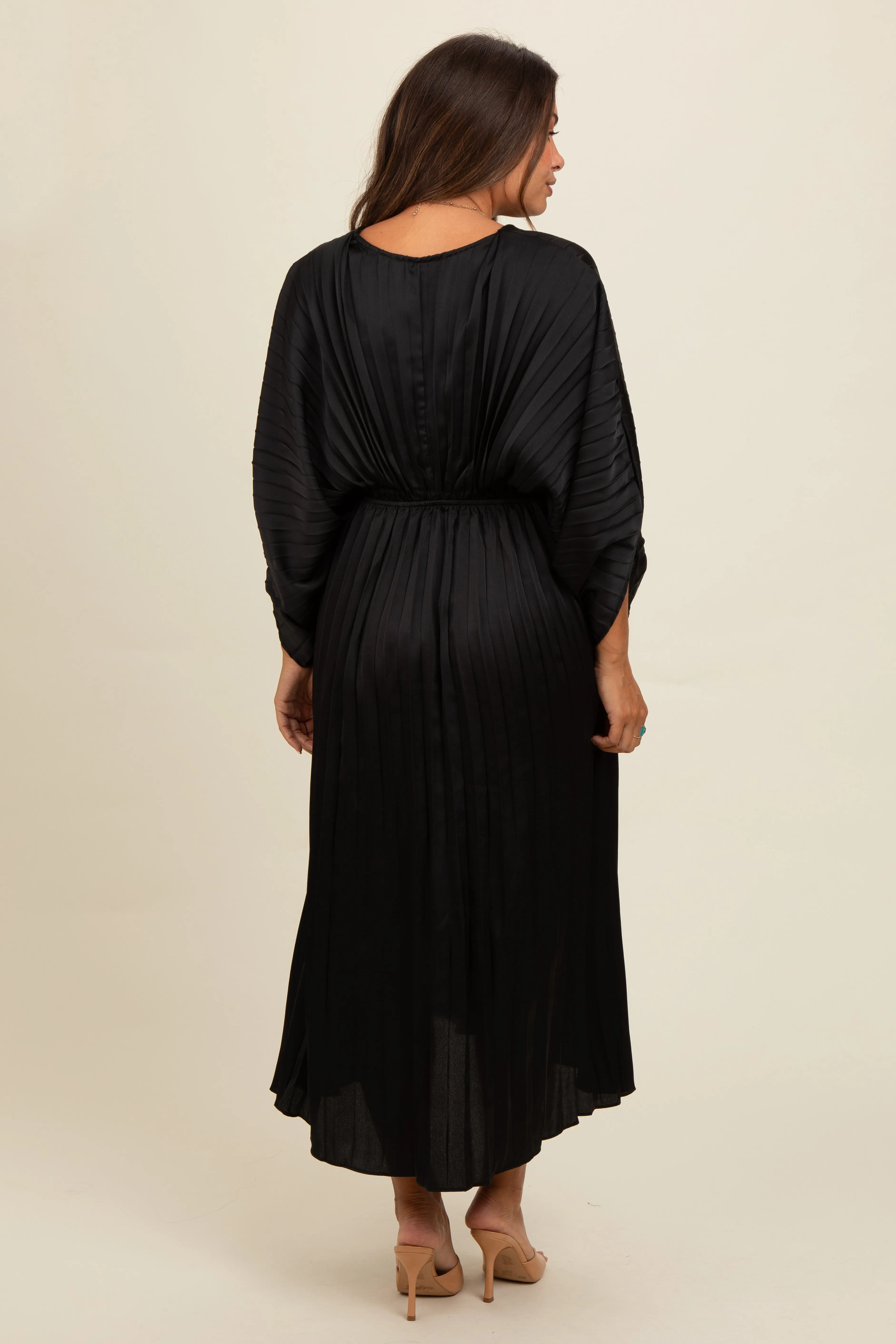 Black Satin Pleated V-Neck Maternity Maxi Dress sold by Pinkblush product image thumbnail 3