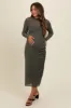 Olive Shimmer Mesh Long Sleeve Ruched Maternity Midi Dress sold by Pinkblush