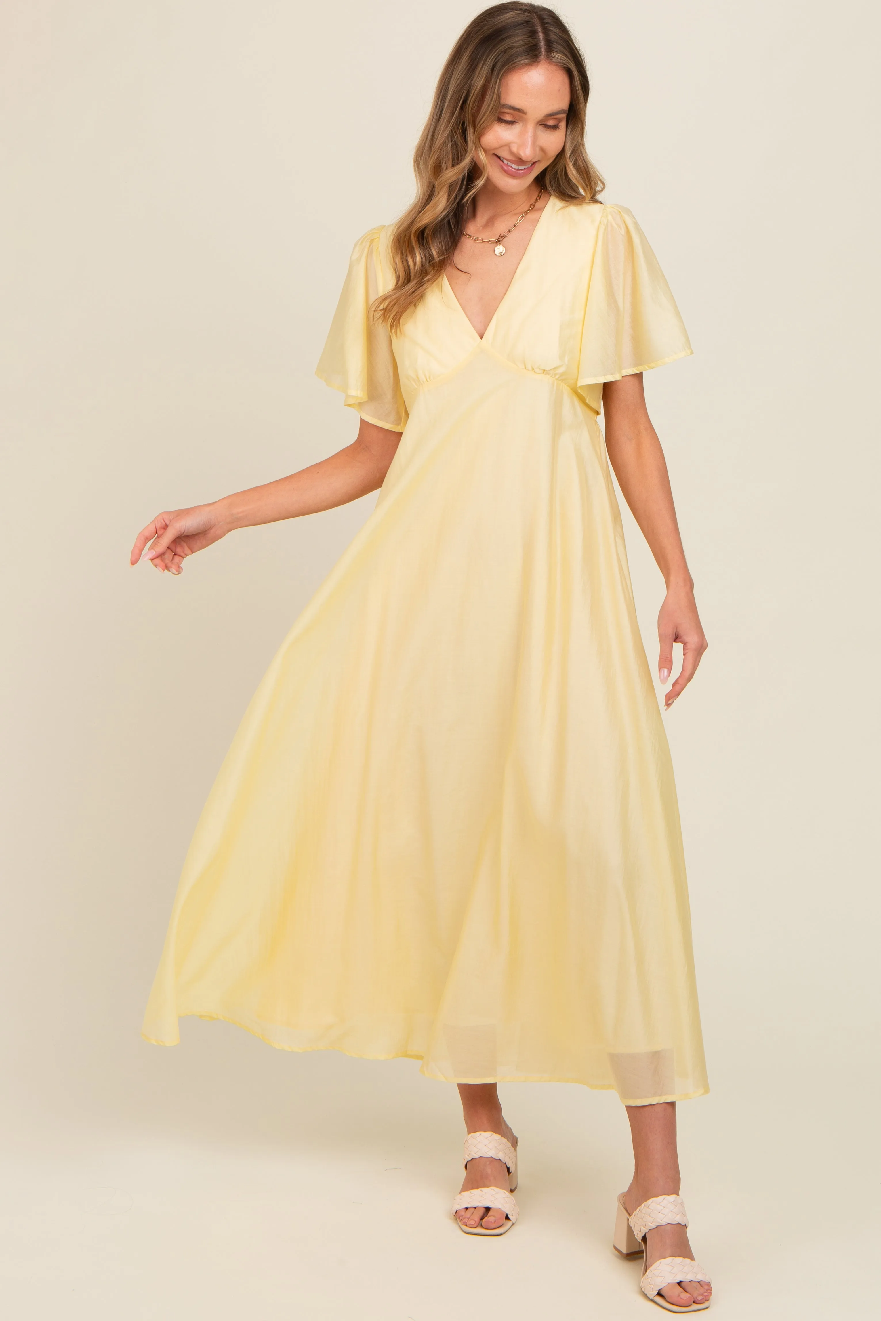 Yellow V-Neck Flutter Sleeve Maxi Dress sold by Pinkblush