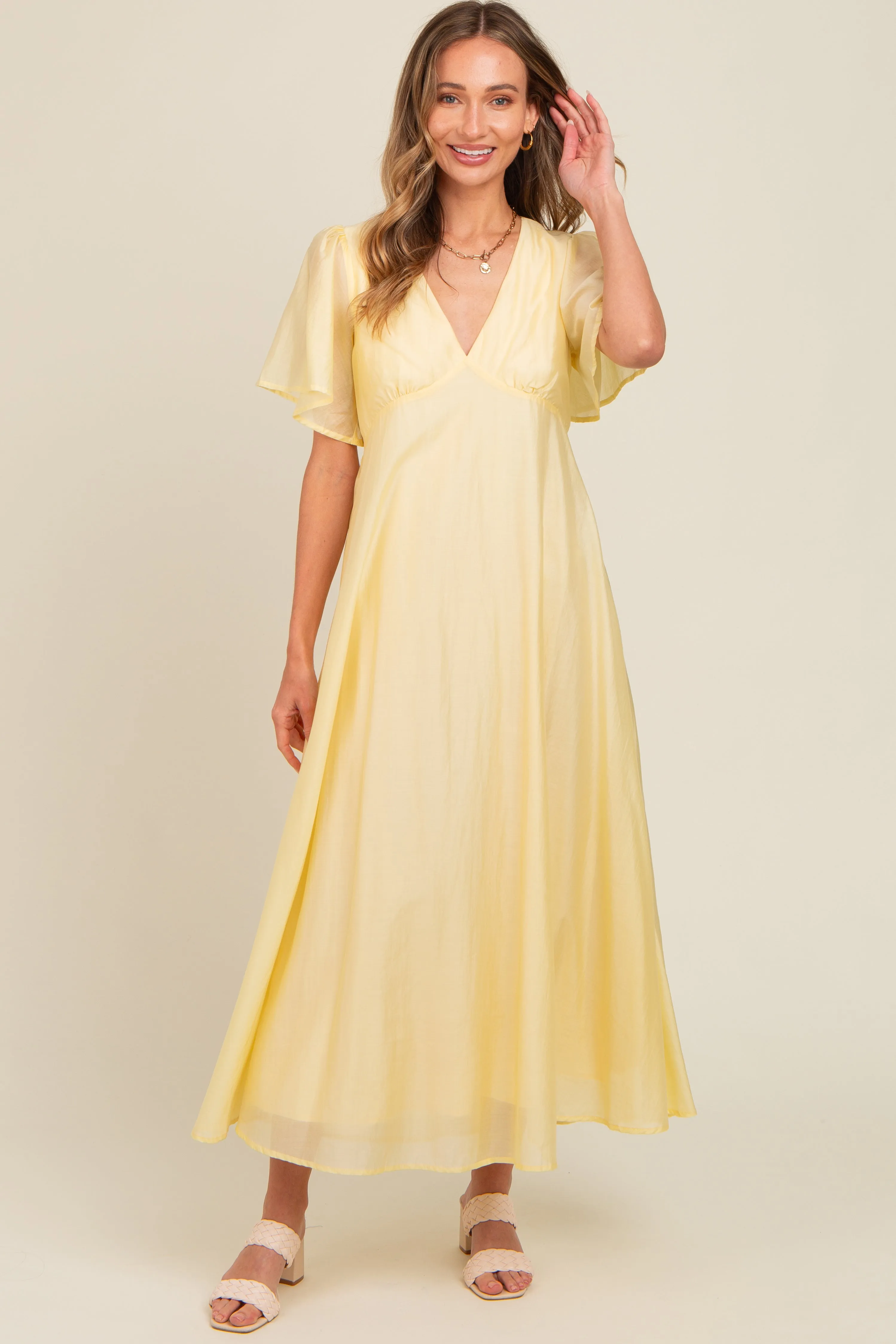 Yellow V-Neck Flutter Sleeve Maxi Dress sold by Pinkblush product image thumbnail 2