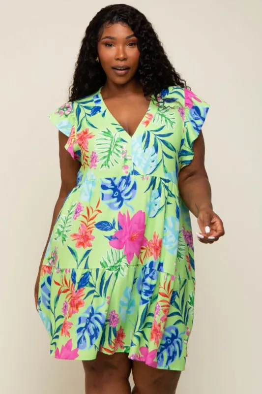 Mint Green Tropical Floral Print Plus Dress sold by Pinkblush