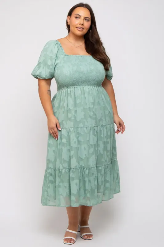 Mint Green Floral Textured Tiered Plus Midi Dress sold by Pinkblush