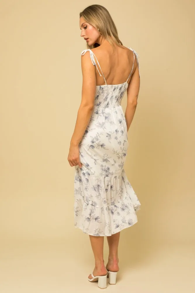 White Floral Sleeveless Back Smocking Slit Maxi Dress sold by Pinkblush product image thumbnail 3