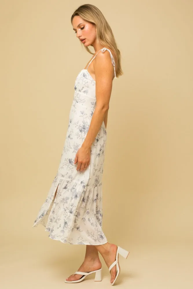 White Floral Sleeveless Back Smocking Slit Maxi Dress sold by Pinkblush product image thumbnail 2