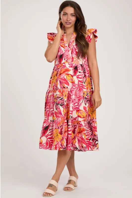 Coral Floral Flutter Sleeve Tiered Maternity Midi Dress sold by Pinkblush