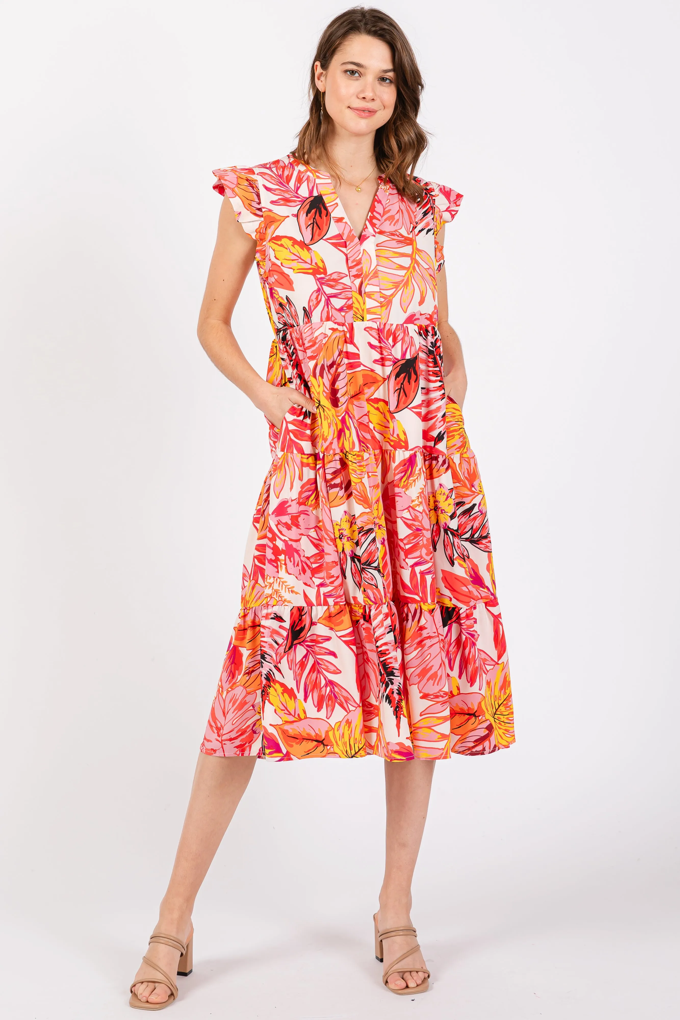 Coral Floral Flutter Sleeve Tiered Maternity Midi Dress sold by Pinkblush product image thumbnail 5