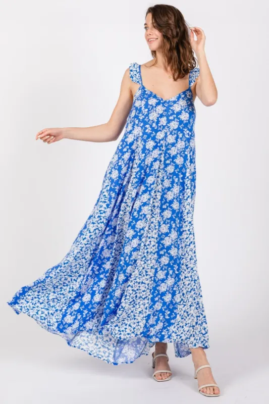 Royal Blue Floral Ruffle Shoulder Cut-Out Back Maxi Dress sold by Pinkblush