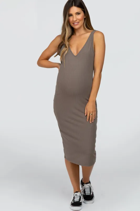 Taupe Sleeveless Ribbed Knit Fitted Maternity Dress sold by Pinkblush