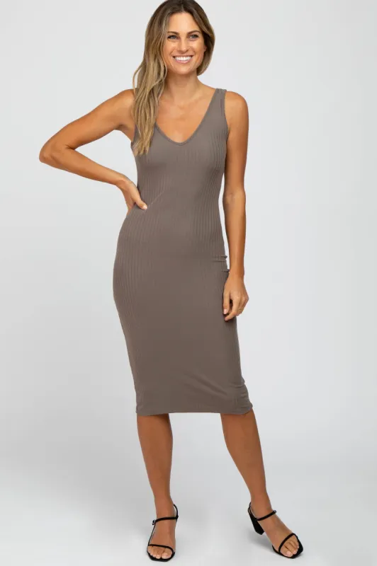 Taupe Sleeveless Ribbed Knit Fitted Dress sold by Pinkblush