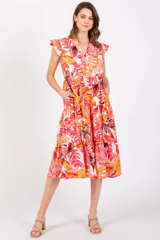Coral Floral Flutter Sleeve Tiered Midi Dress sold by Pinkblush