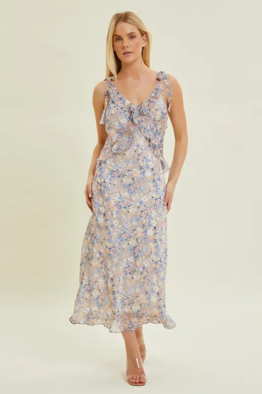 Taupe Multi Floral Chiffon Dress sold by Pinkblush