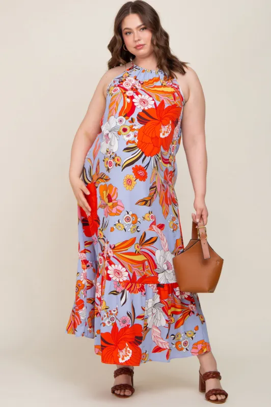 Periwinkle Floral Halter Maternity Plus Maxi Dress sold by Pinkblush