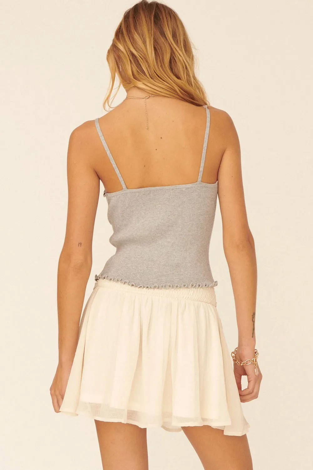 Heather Grey Ribbed Knit Square Neck Lettuce Edge Cami Top sold by Pinkblush product image thumbnail 3