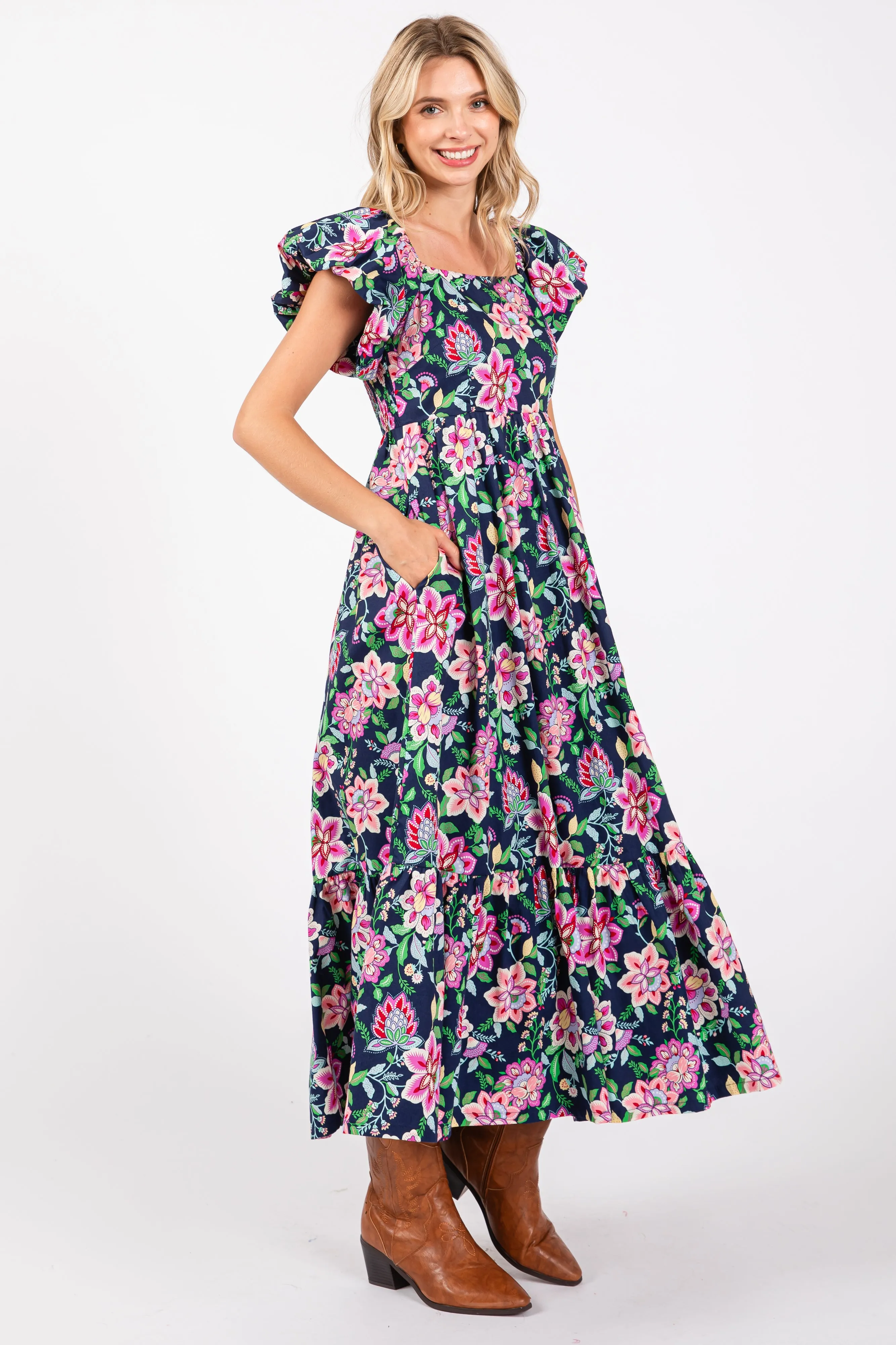 Navy Blue Floral Square Neck Puffy Sleeves Dress sold by Pinkblush product image thumbnail 2