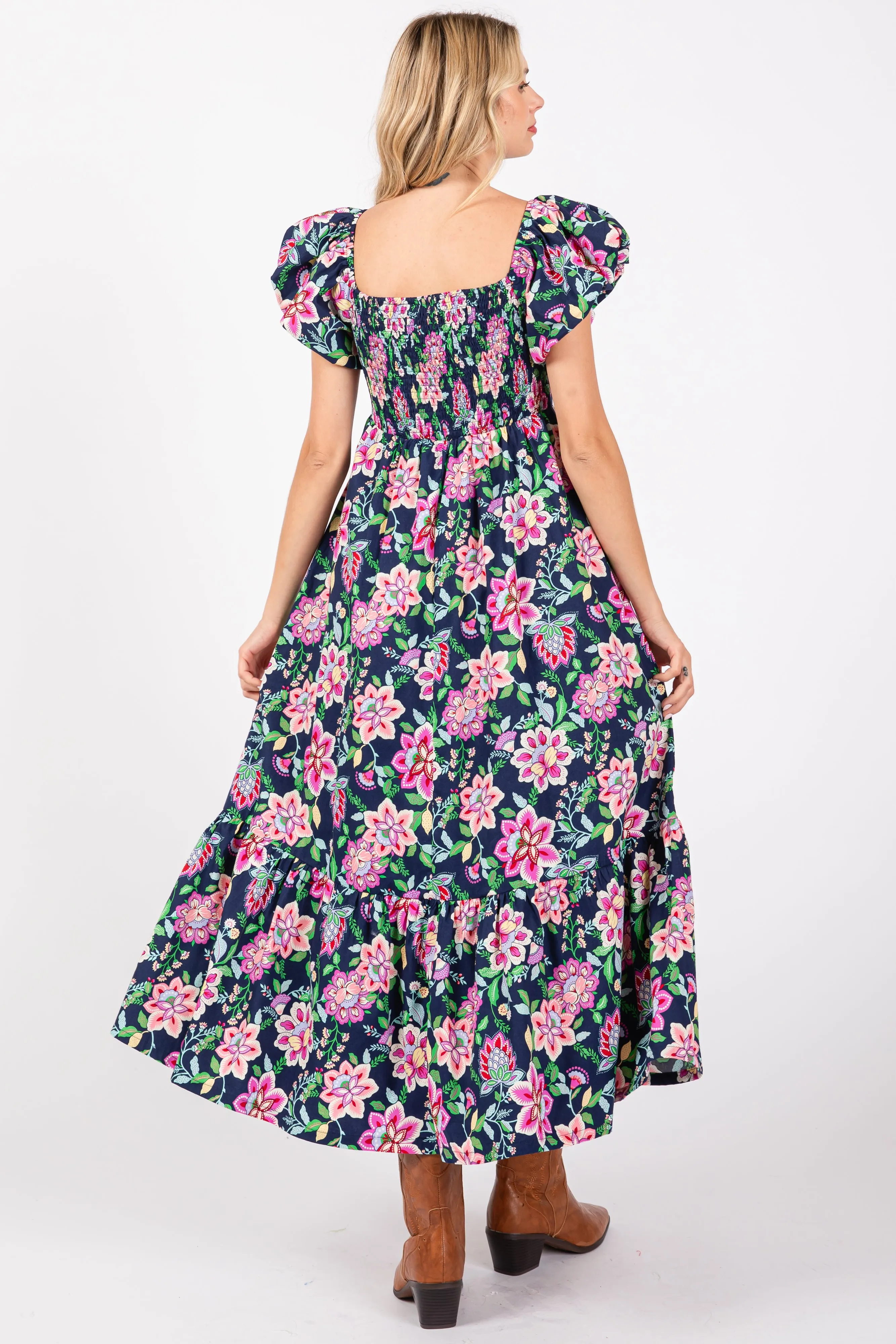 Navy Blue Floral Square Neck Puffy Sleeves Dress sold by Pinkblush product image thumbnail 3