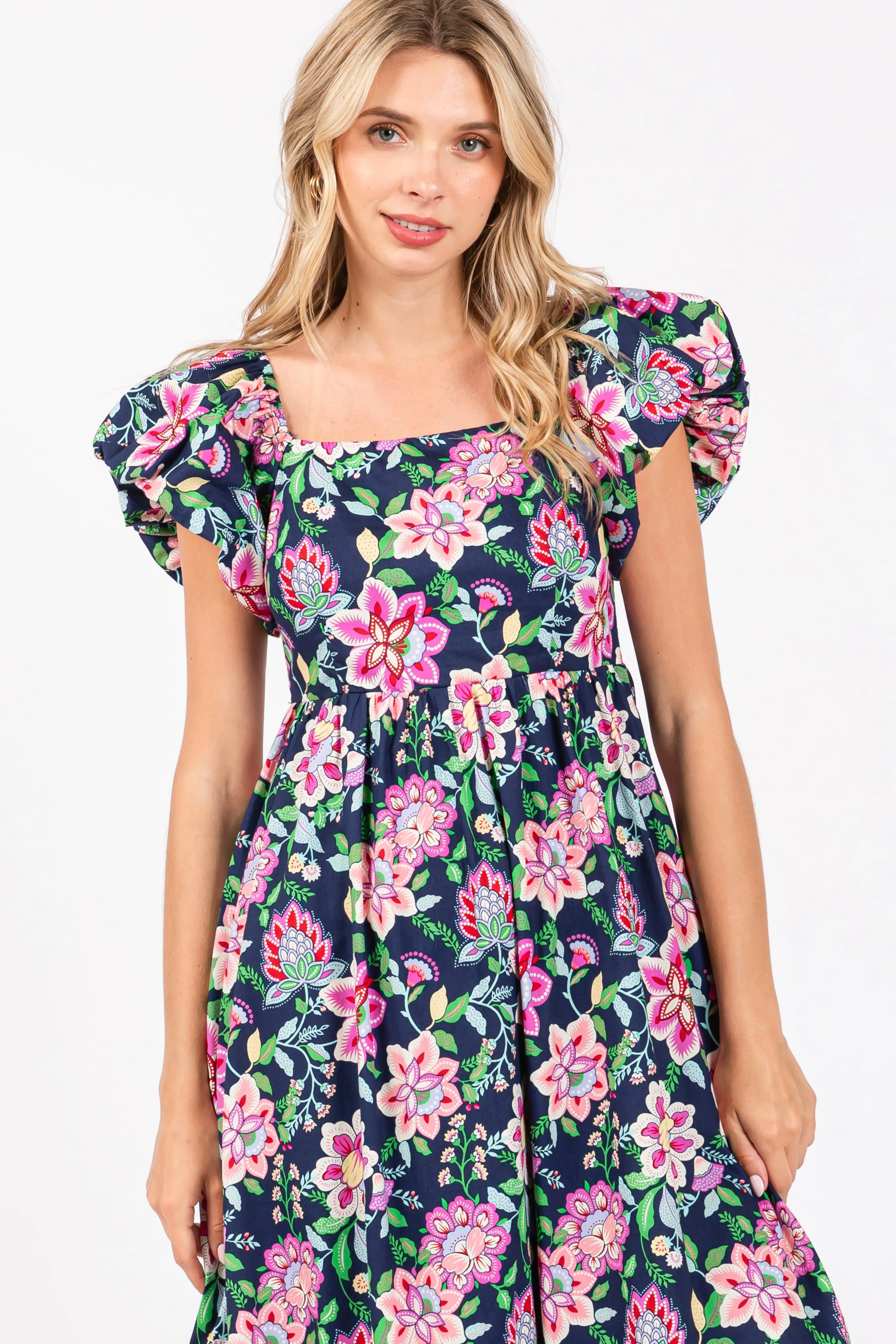 Navy Blue Floral Square Neck Puffy Sleeves Dress sold by Pinkblush product image thumbnail 4