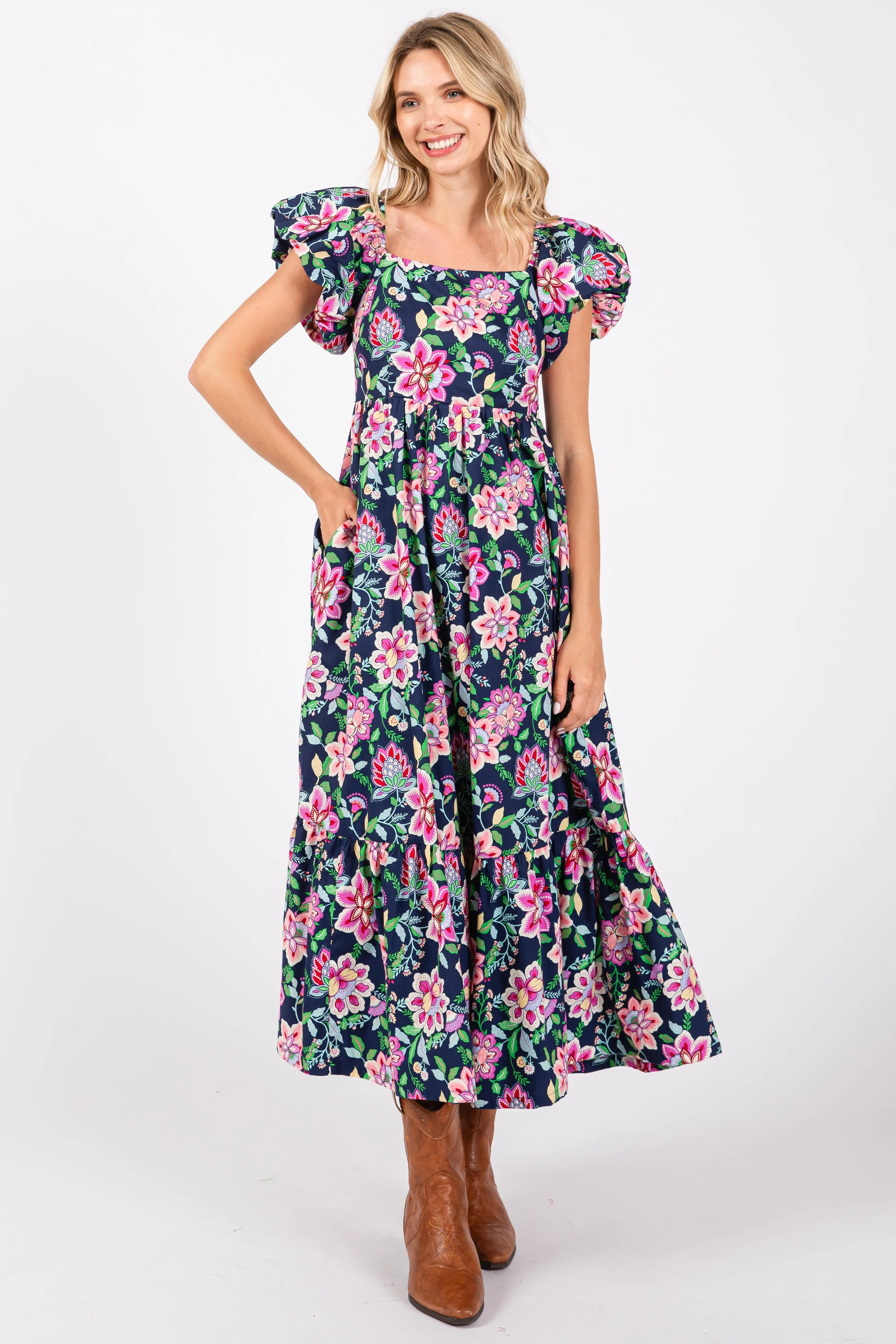 Navy Blue Floral Square Neck Puffy Sleeves Dress sold by Pinkblush