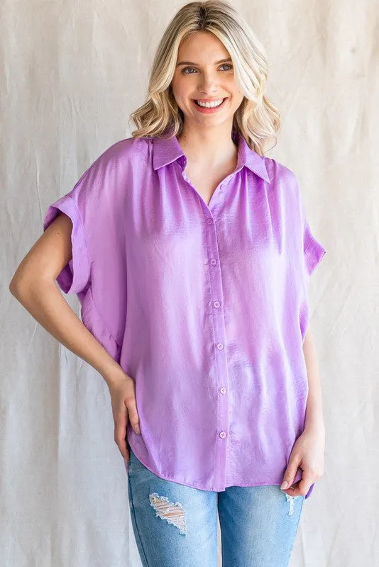 Purple Satin Button Front Collared Short Sleeve Top sold by Pinkblush