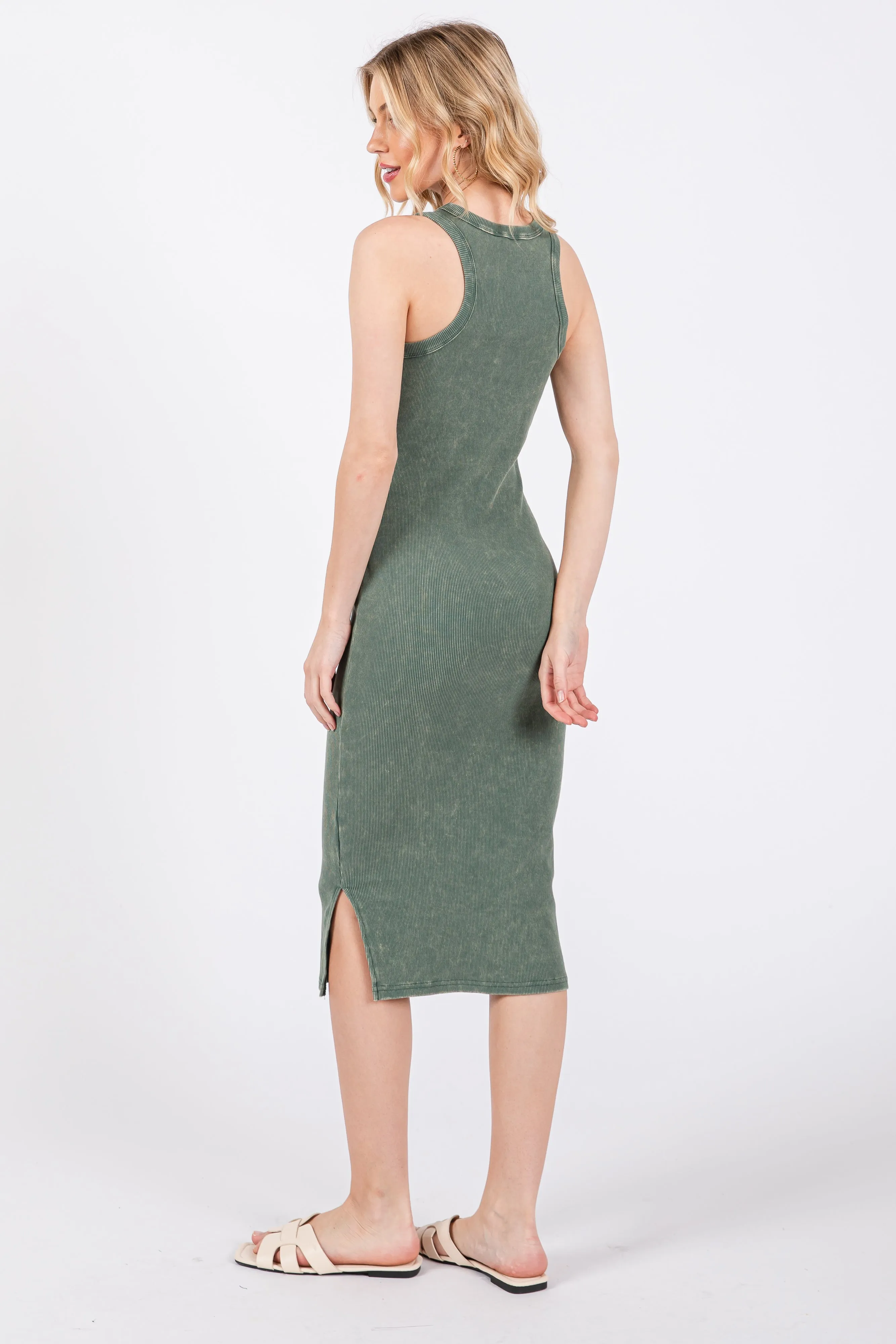 Olive Acid Wash Ribbed Sleeveless Midi Dress sold by Pinkblush product image thumbnail 3