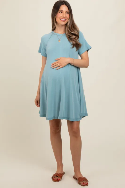 Light Blue Solid T-shirt Maternity Mini Dress sold by Pinkblush