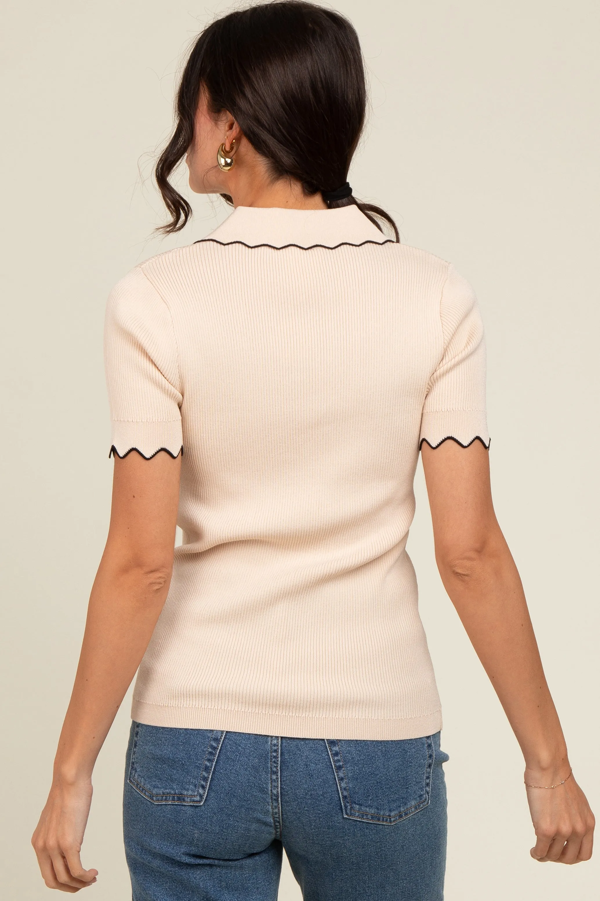 Beige Ribbed Scallop Trim Split V-Neck Short Sleeve Top sold by Pinkblush product image thumbnail 4
