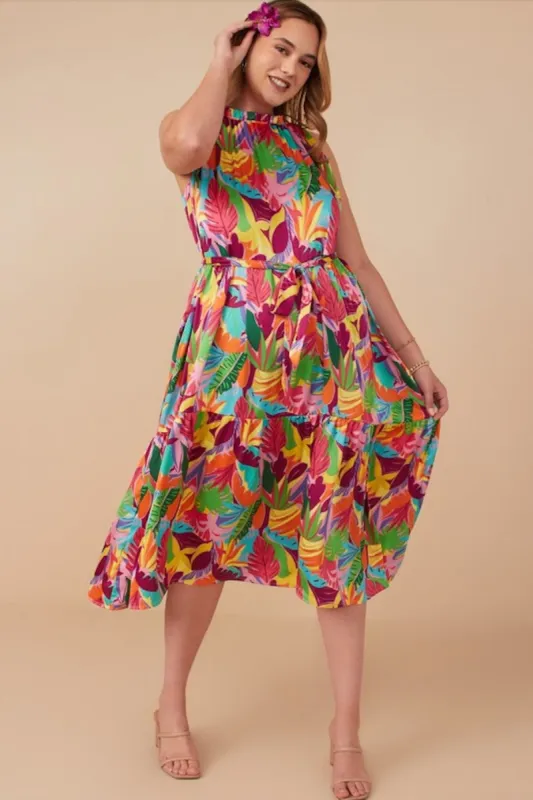 Multicolor Leaf Print Satin Tiered Plus Dress sold by Pinkblush