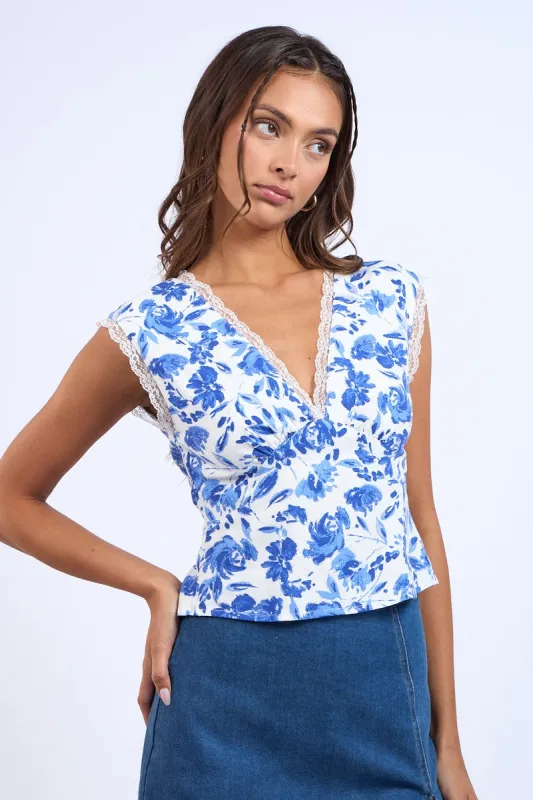 Blue Navy Floral Plunging V-Neck Open Back Lace Trim Crop Top sold by Pinkblush