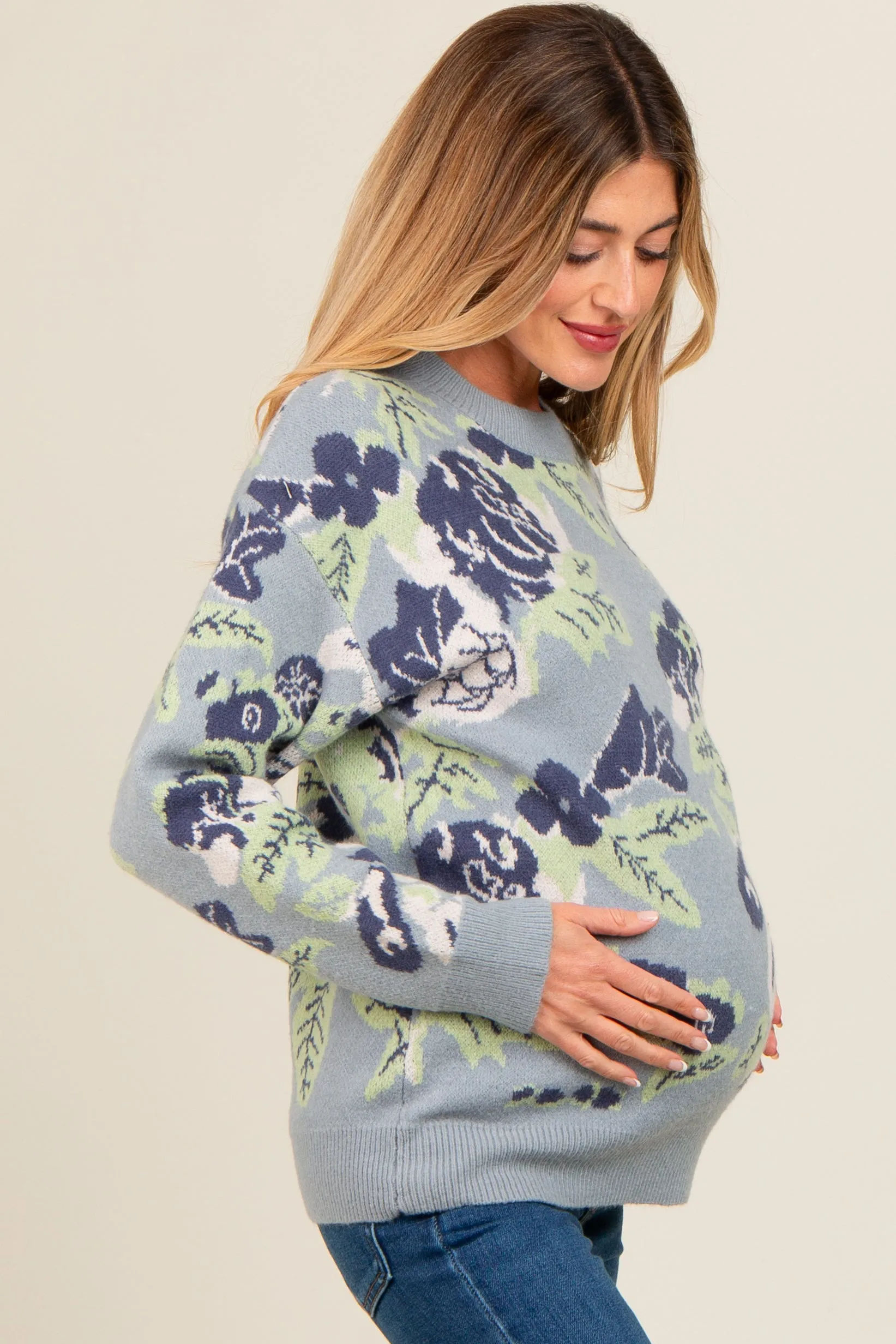 Light Blue Floral Print Crew Neck Maternity Sweater sold by Pinkblush product image thumbnail 2
