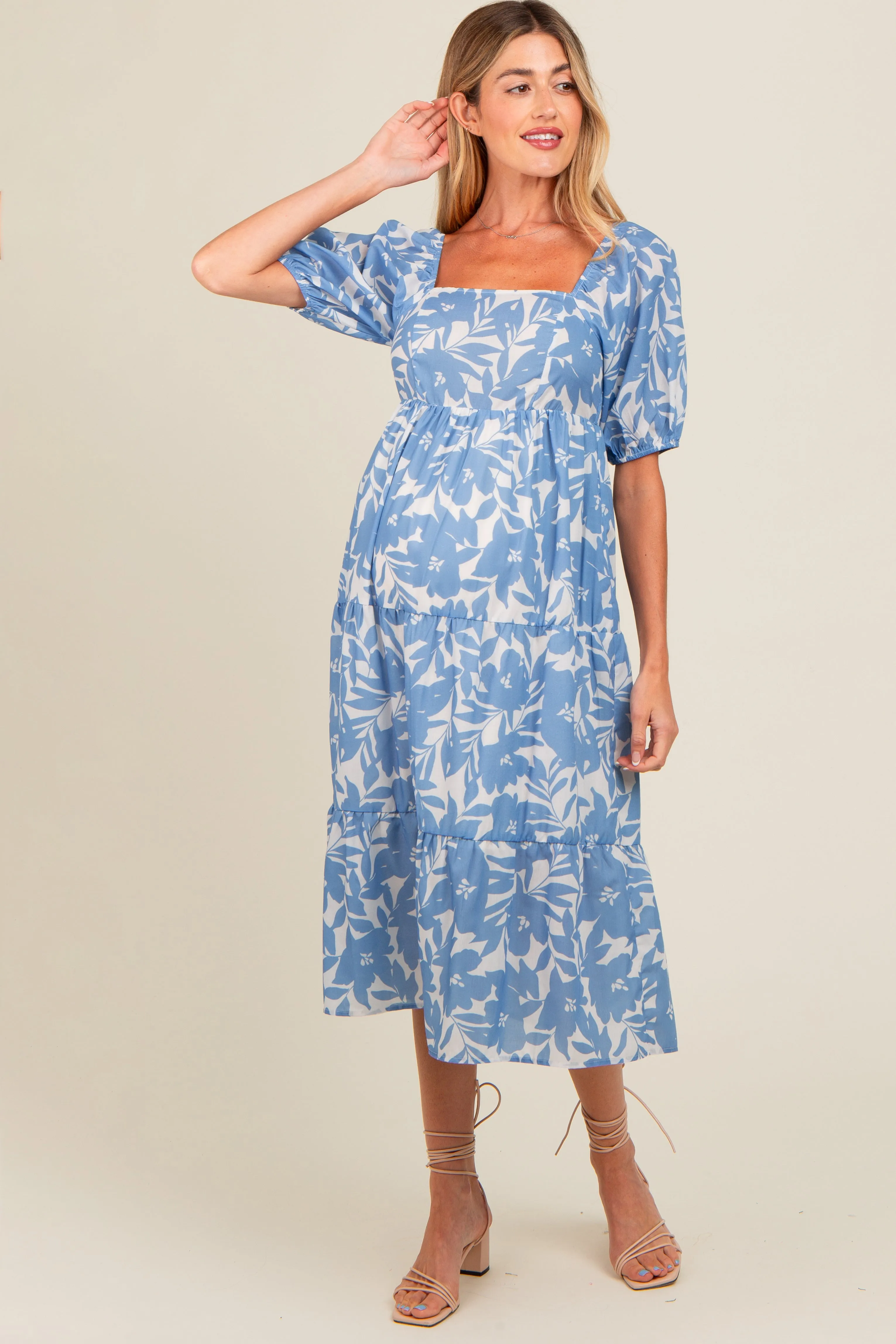 Blue White Floral Maternity Midi Dress sold by Pinkblush product image thumbnail 2