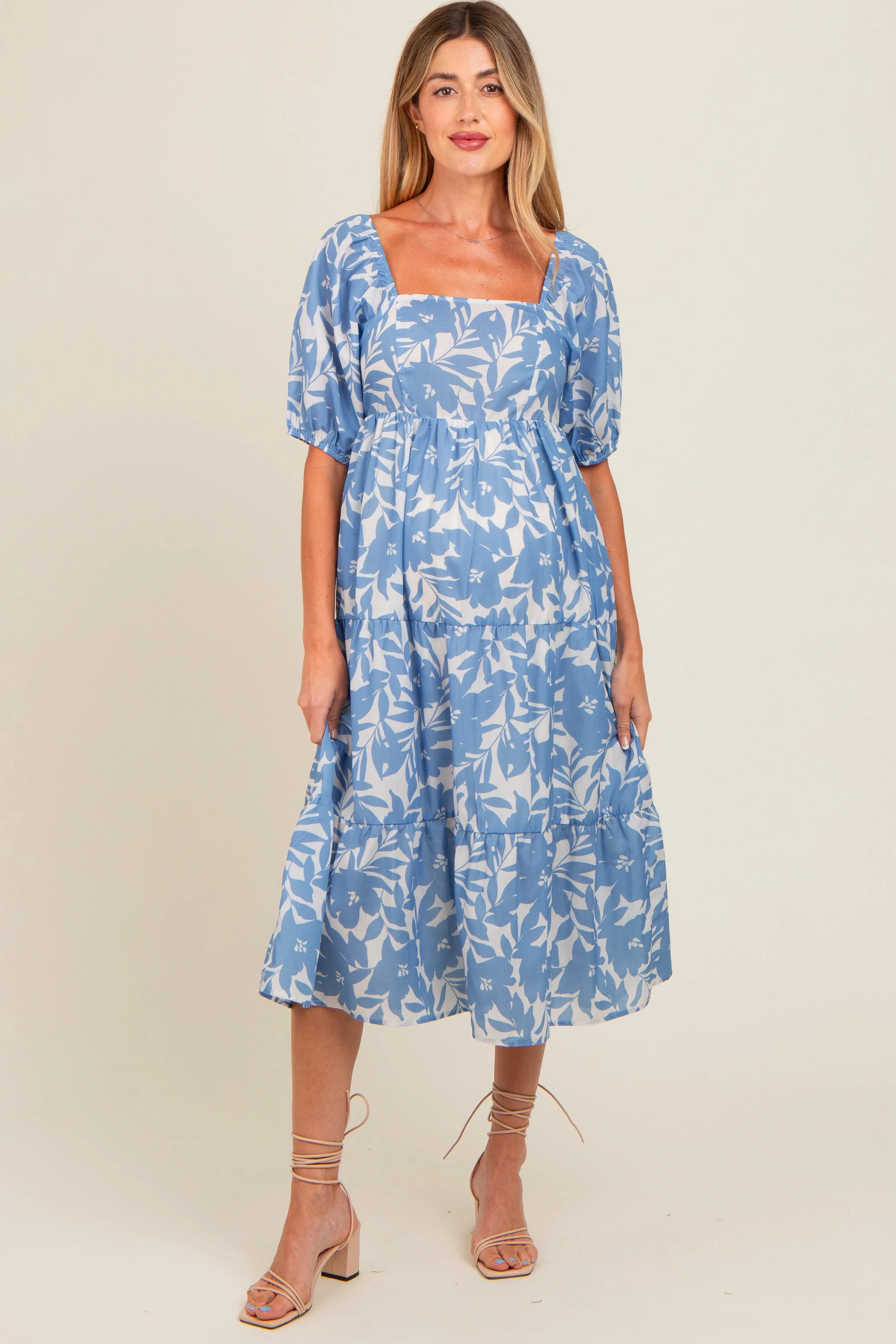 Blue White Floral Maternity Midi Dress sold by Pinkblush