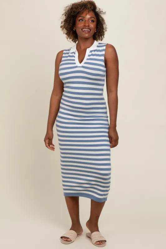 Blue Striped Fitted Polo Midi Dress sold by Pinkblush