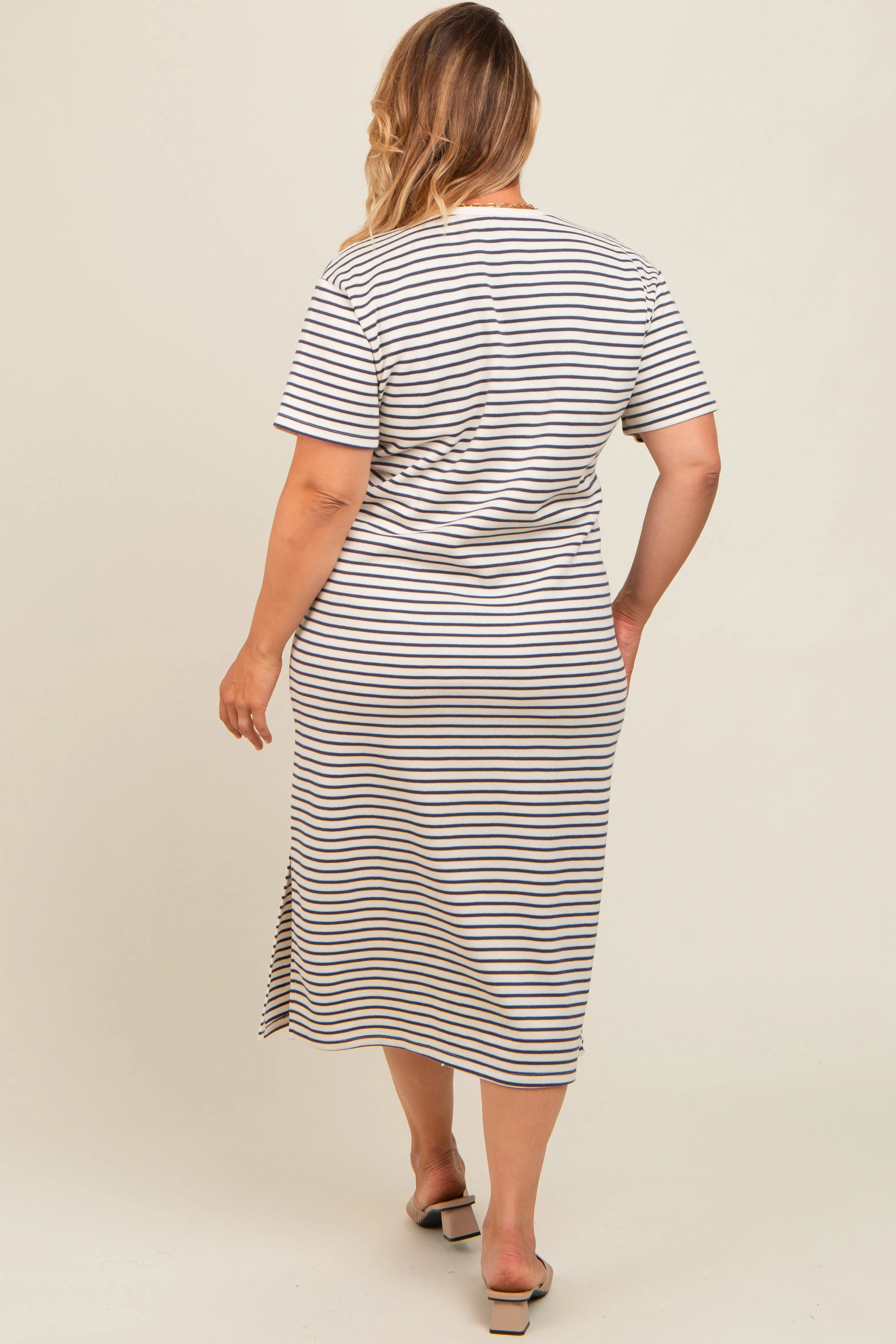Navy Striped Short Sleeve Maternity Plus T-Shirt Midi Dress sold by Pinkblush product image thumbnail 4