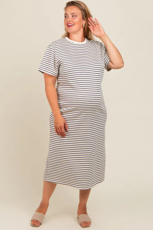 Navy Striped Short Sleeve Maternity Plus T-Shirt Midi Dress sold by Pinkblush