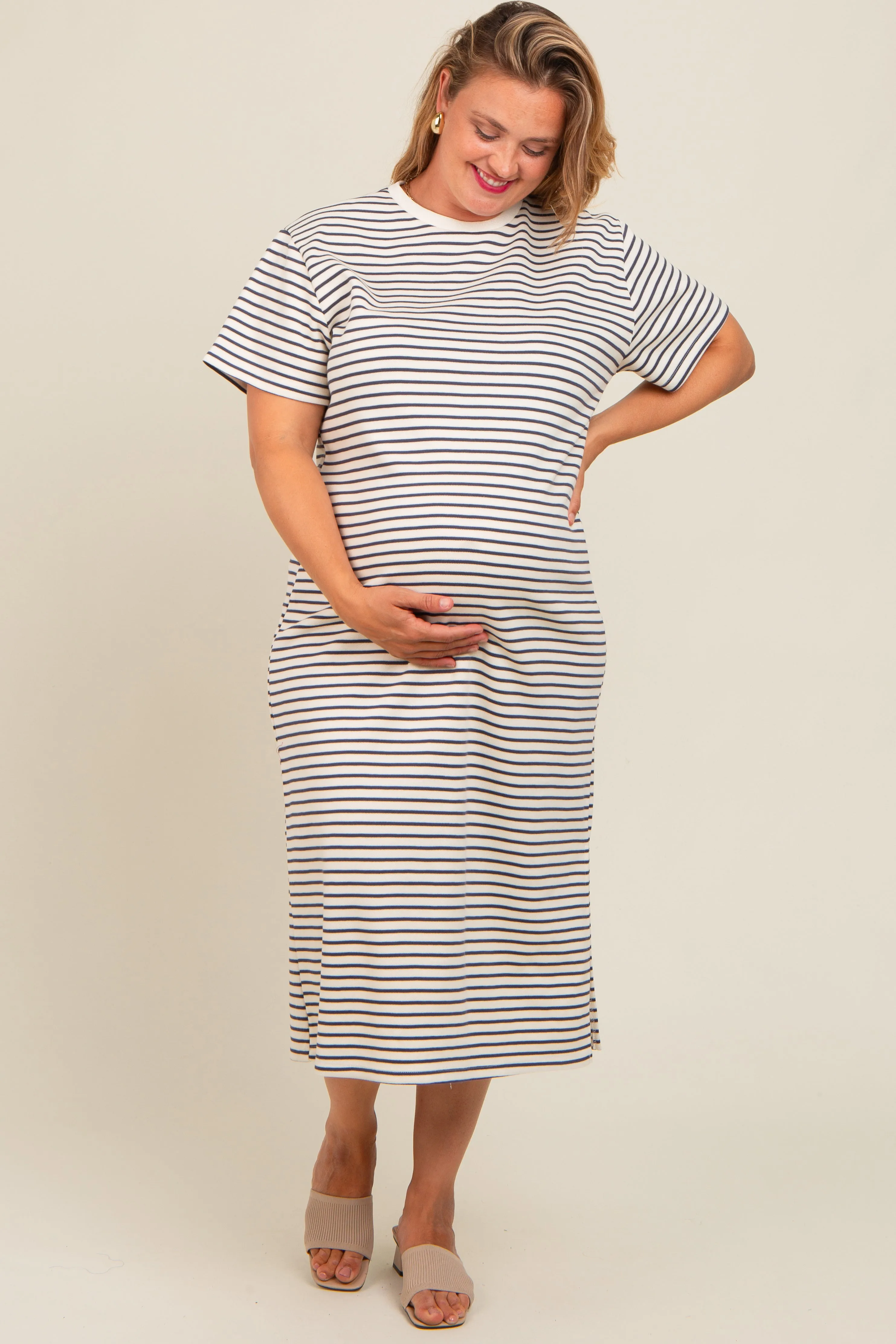 Navy Striped Short Sleeve Maternity Plus T-Shirt Midi Dress sold by Pinkblush product image thumbnail 2