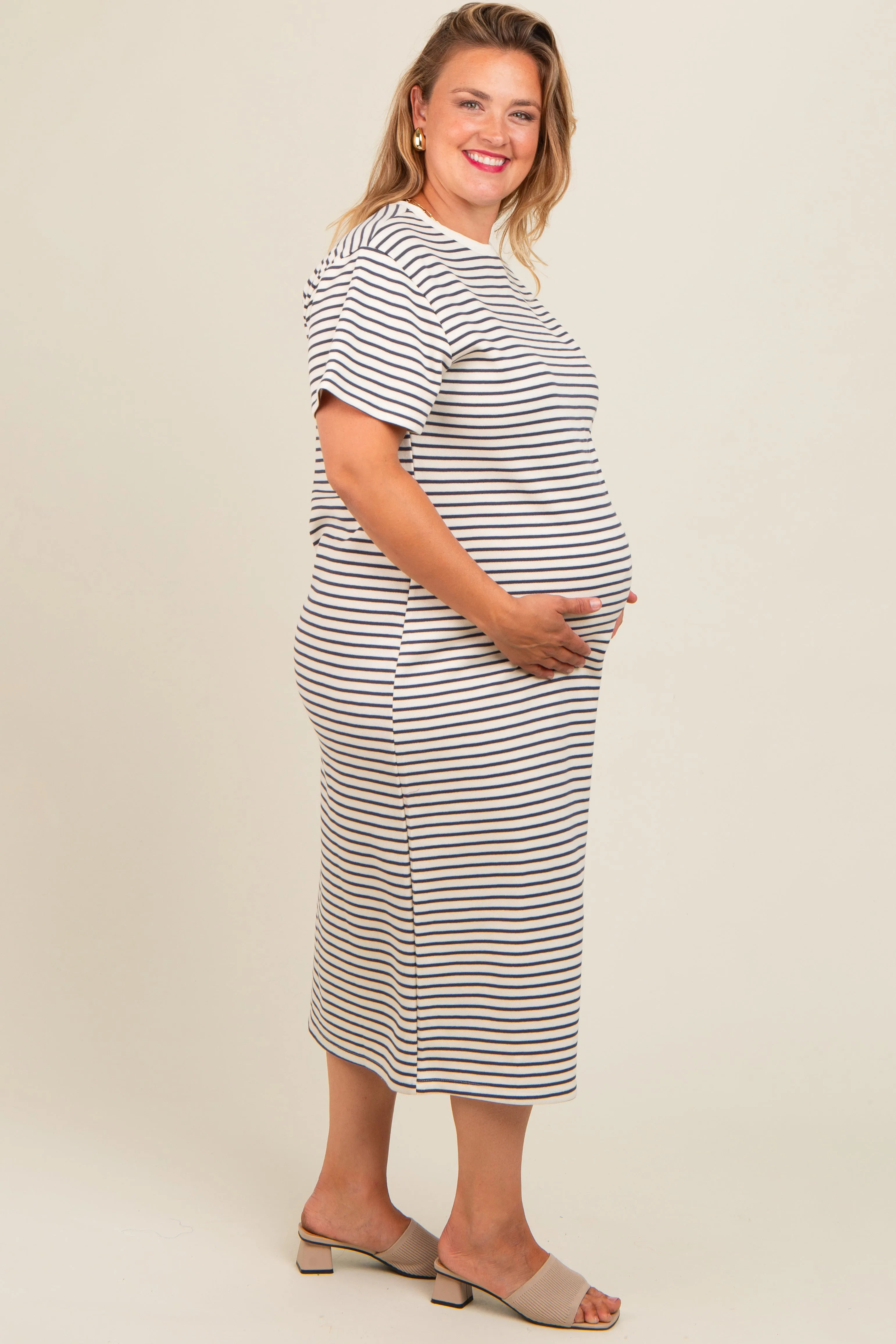 Navy Striped Short Sleeve Maternity Plus T-Shirt Midi Dress sold by Pinkblush product image thumbnail 3