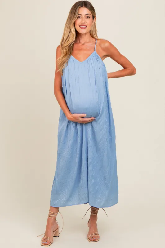 Light Blue Crinkle V-Neck Cross Back Maternity Midi Dress sold by Pinkblush