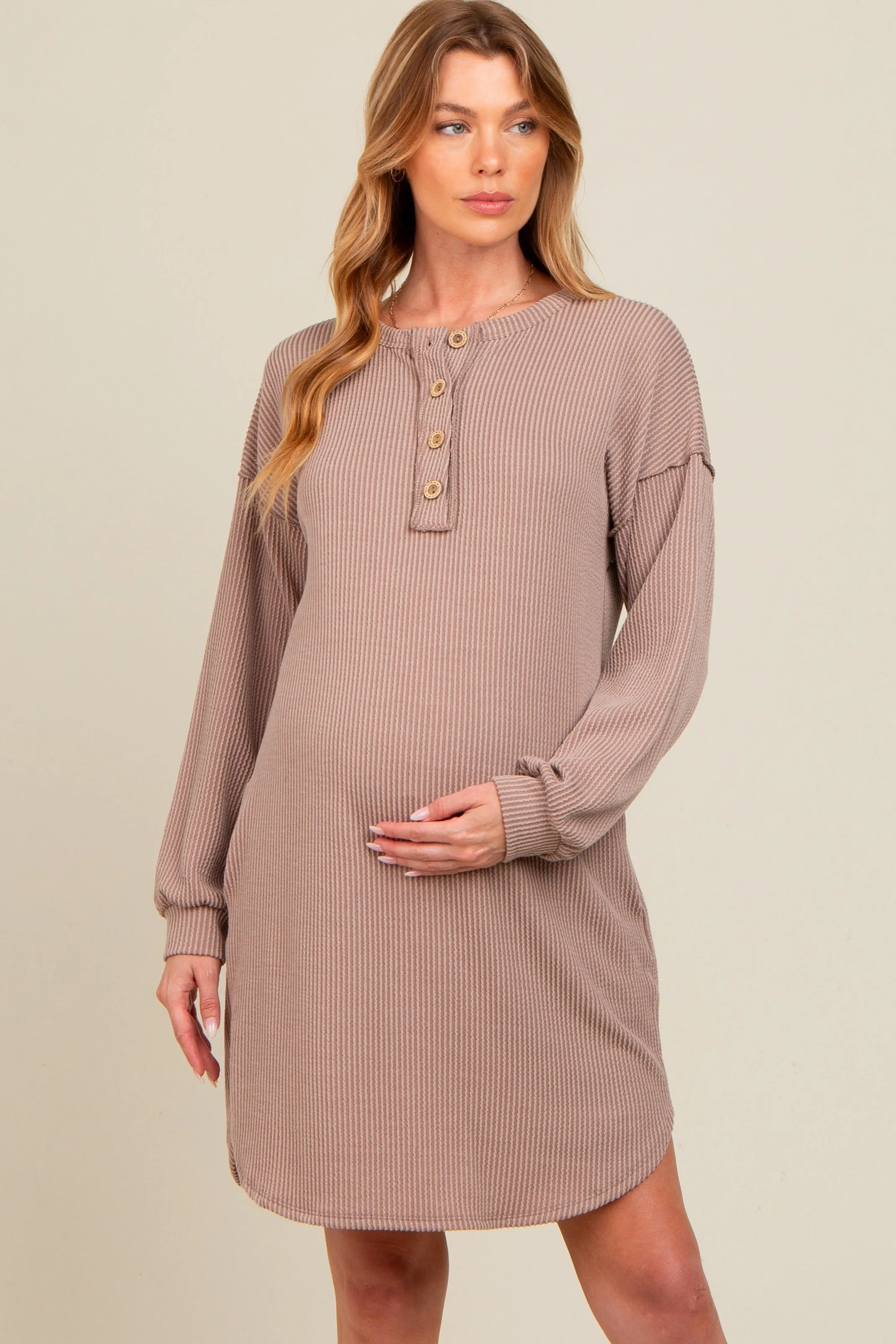 Mocha Ribbed Button Accent Maternity Dress sold by Pinkblush
