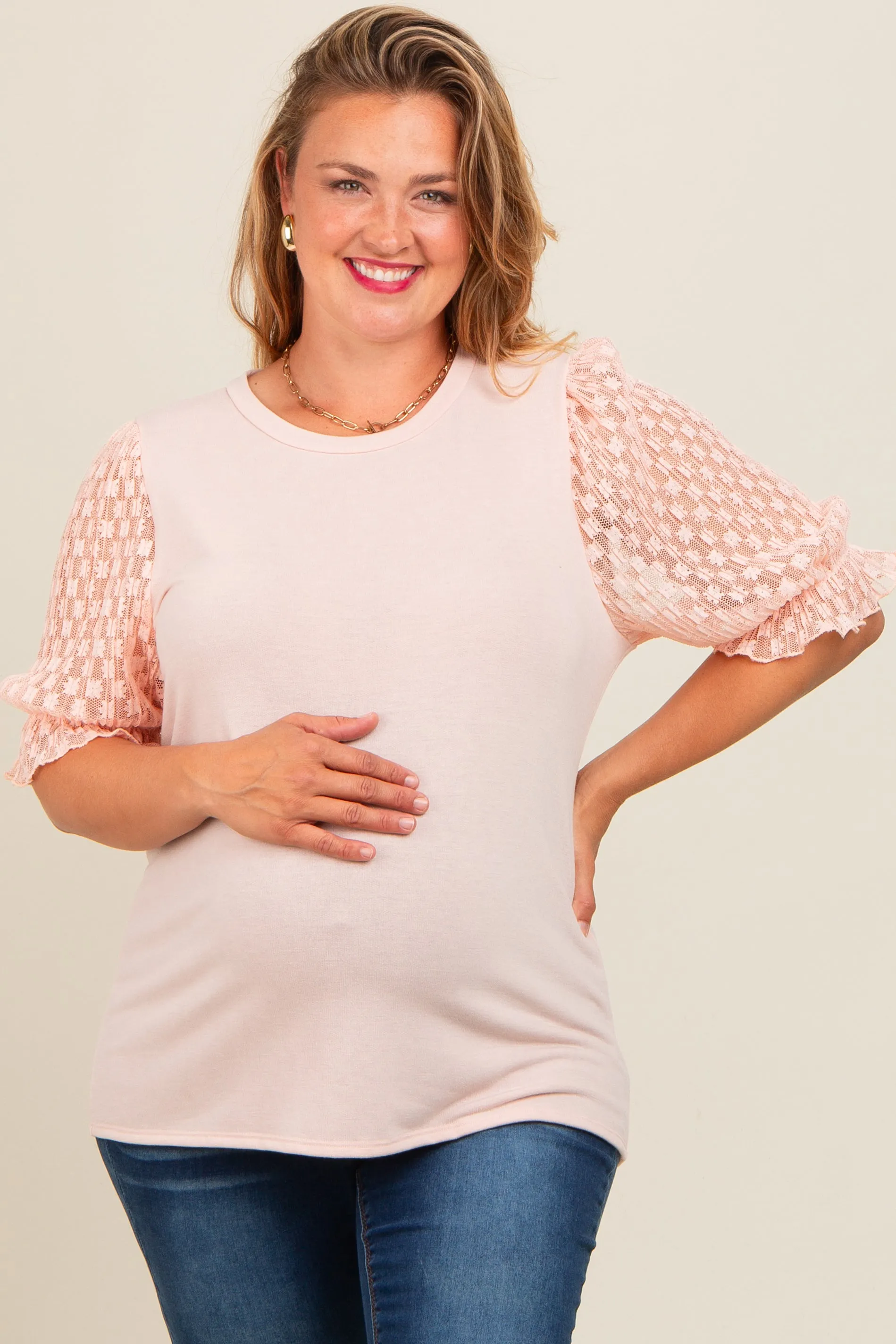 Peach Mesh Floral Puff Sleeve Maternity Plus Top sold by Pinkblush product image thumbnail 2