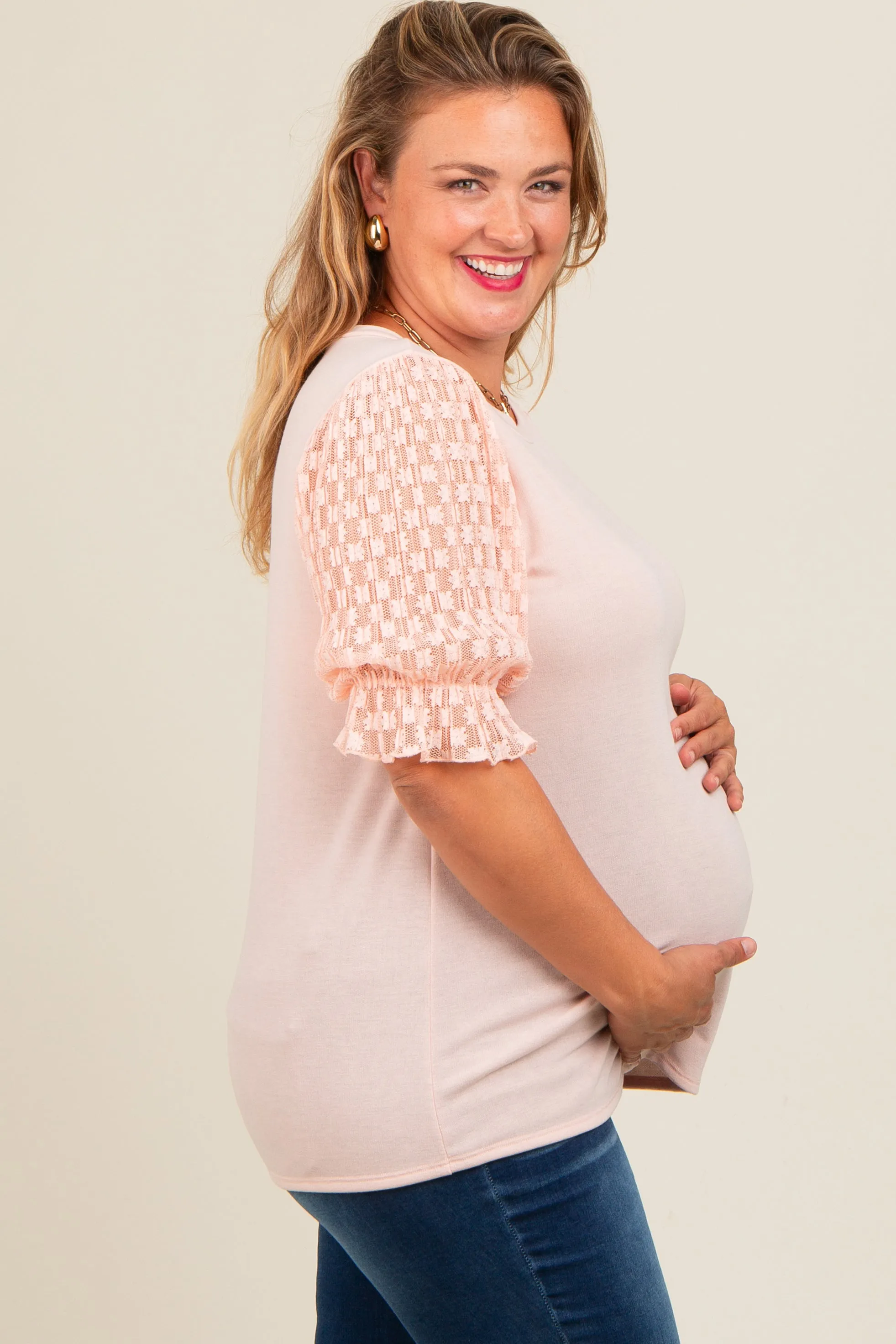 Peach Mesh Floral Puff Sleeve Maternity Plus Top sold by Pinkblush product image thumbnail 3