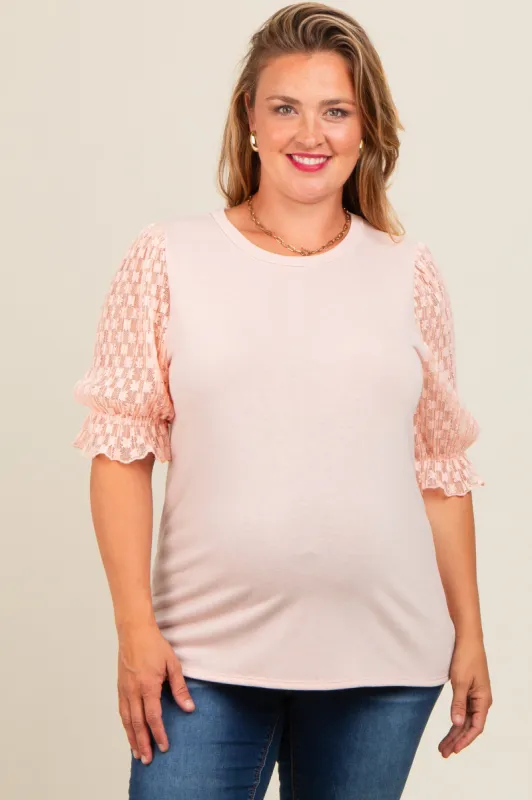 Peach Mesh Floral Puff Sleeve Maternity Plus Top sold by Pinkblush