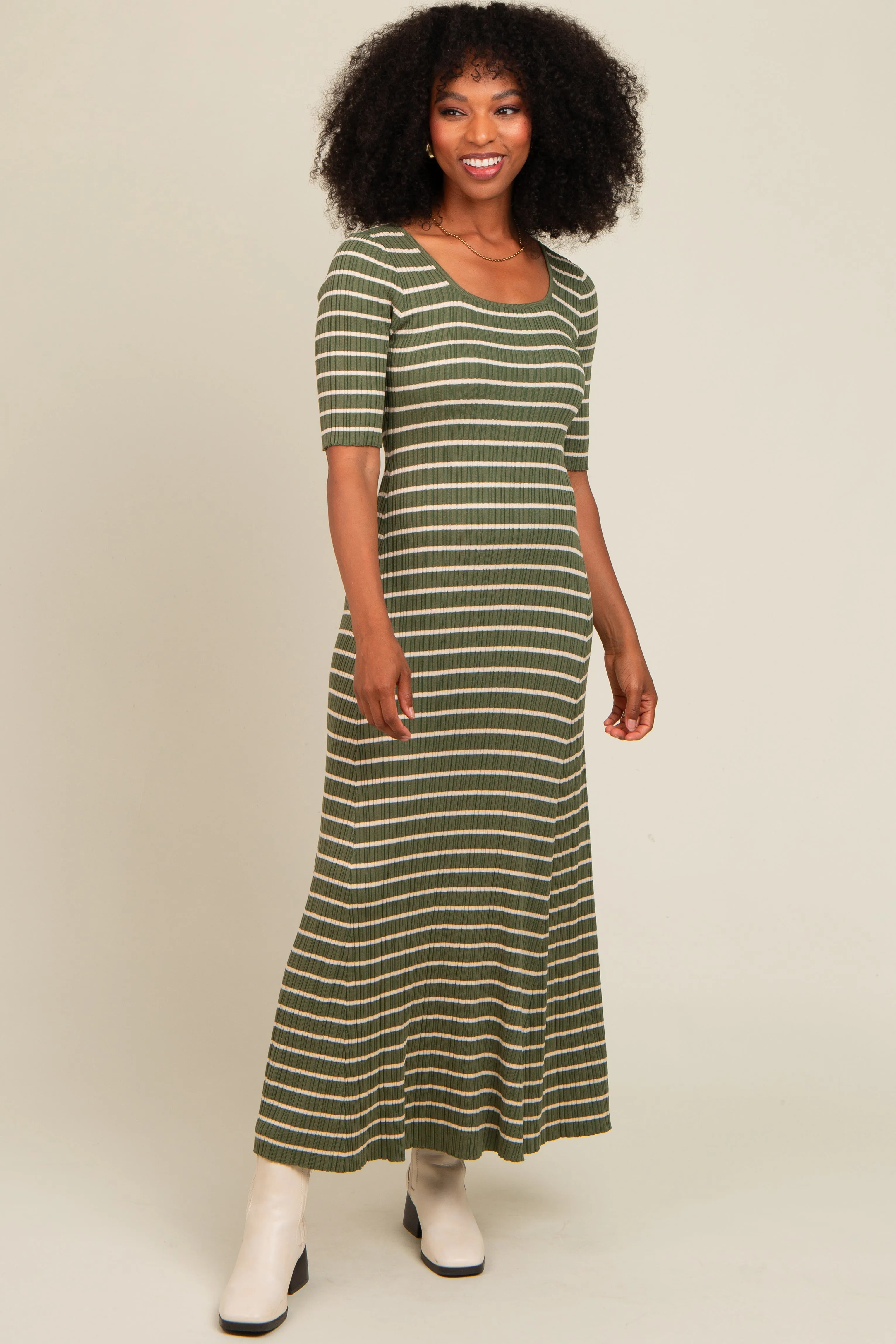 Olive Striped Ribbed Short Sleeve Maxi Dress sold by Pinkblush product image thumbnail 2